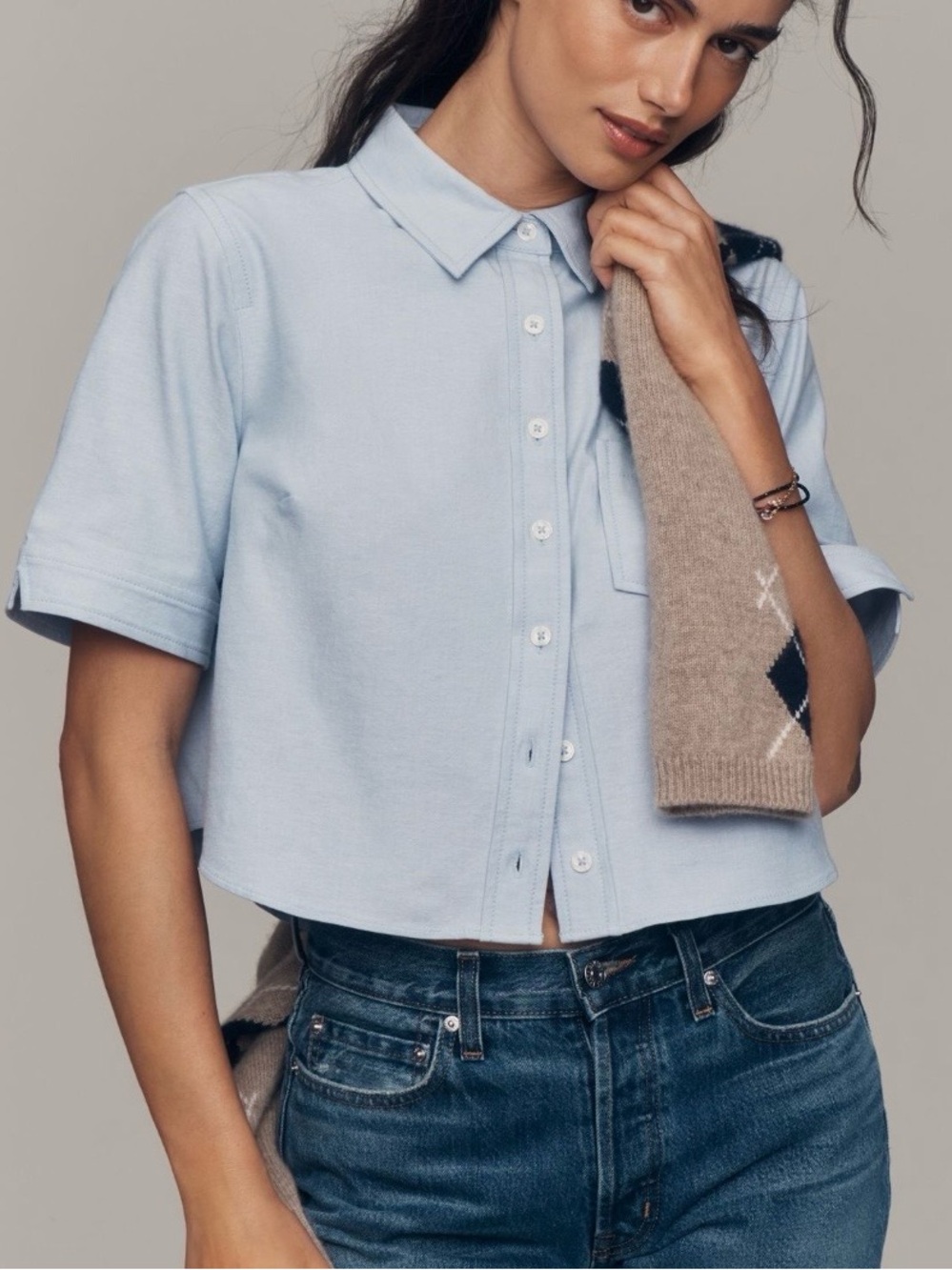 Anthropologie Maeve Merritt Cropped Button Down Shirt Blue XS NWT